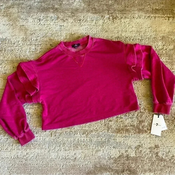 NWT 7 For All Mankind Pink Cotton Cropped Oversized Sweater Top Stretch: Small - Picture 2 of 9